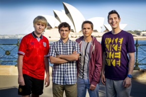 Jay (James Buckley), Will (Simon Bird), Simon (Joe Thomas) and Neil (Blake Harrison posing in front of Sydney Harbour to prove that they actually did go to Australia.