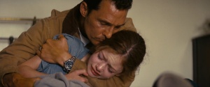 Cooper saying goodbye to his little daughter, Murphy (Mackenzie Foy) before he goes on the mission.