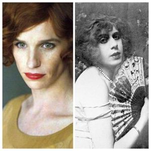 On the left, Eddie Redmayne's Lili as seen in the film; and on the right, the real Lili Elbe.