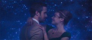 Sebastian and Mia happily dancing (as everyone is wont to do in La La Land), while looking lovingly into each other's eyes.